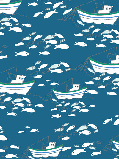 'Fishing Boats' Wallpaper by Tea Collection - Cadet Blue