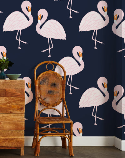 'Flamingos' Wallpaper by Tea Collection - Navy