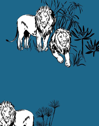 'Foliage Lions' Wallpaper by Tea Collection - Cadet Blue