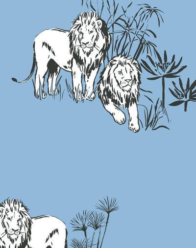 'Foliage Lions' Wallpaper by Tea Collection - Cornflower