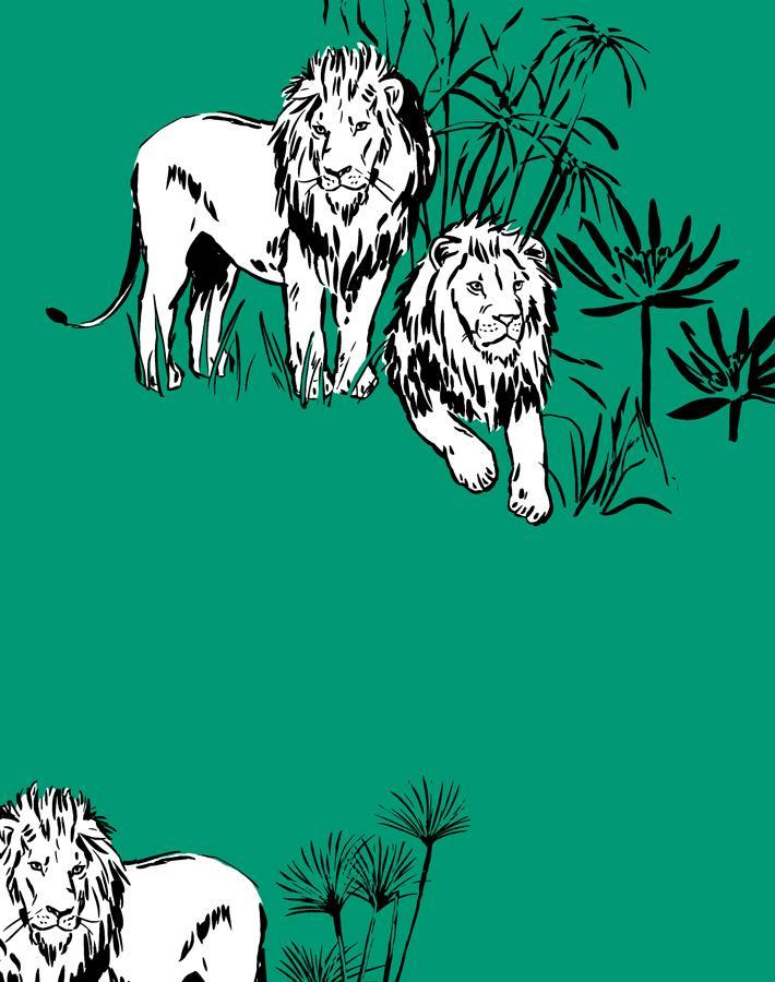 'Foliage Lions' Wallpaper by Tea Collection - Emerald