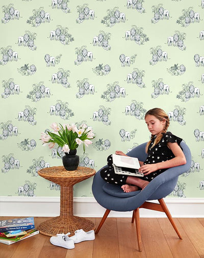 'Foliage Lions' Wallpaper by Tea Collection - Pistachio