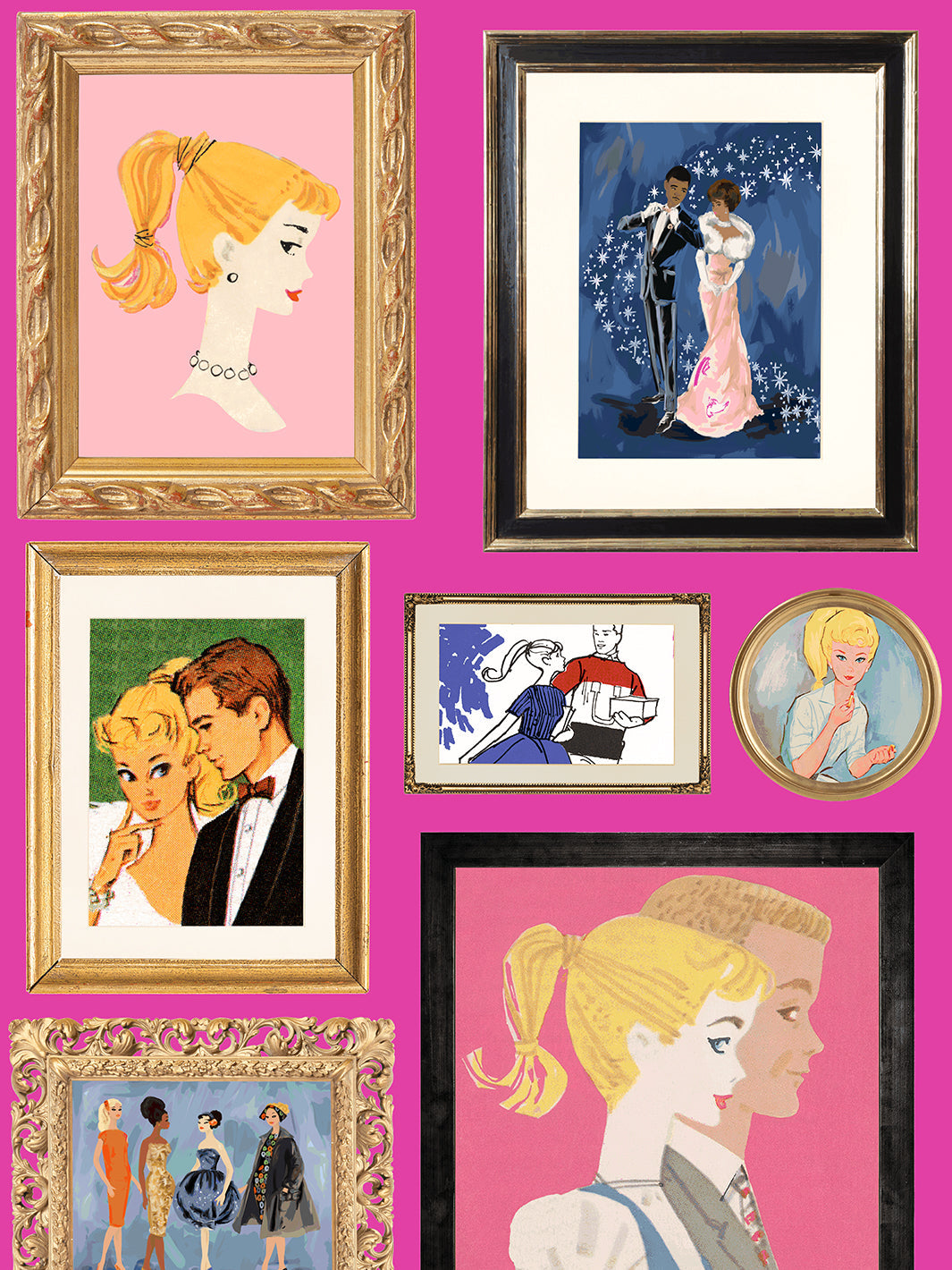 'Gallery Walls' Illustrated Wallpaper - 219 Barbie™ Pink