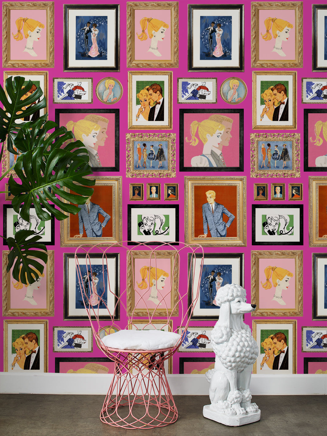 'Gallery Walls' Illustrated Wallpaper - 219 Barbie™ Pink