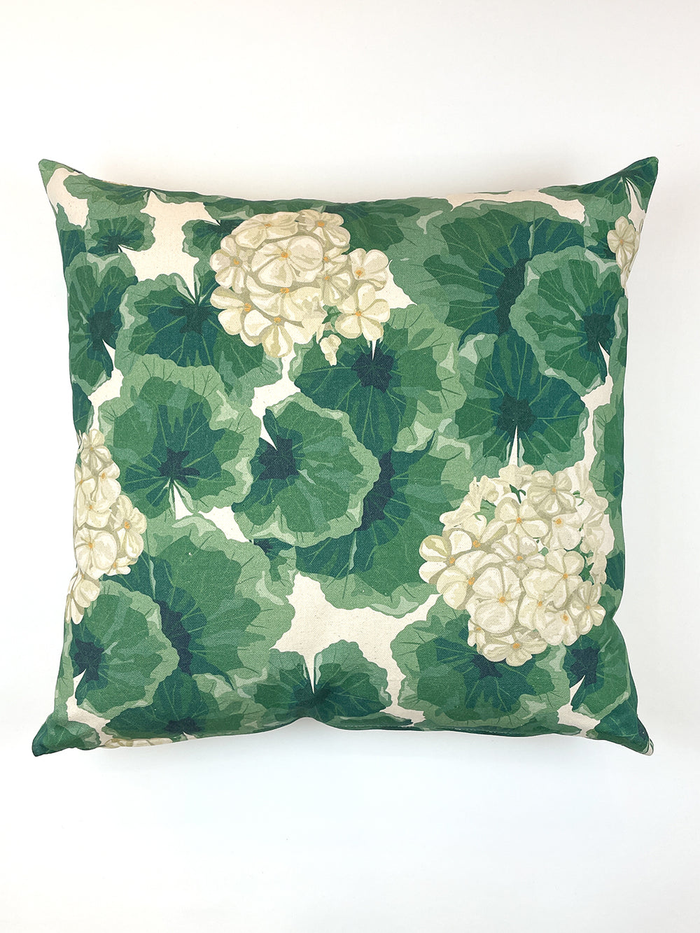 geranium throw pillow natural on raw canvas