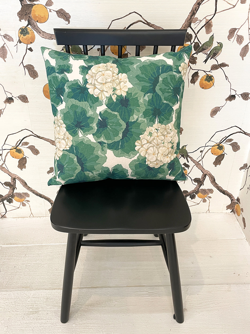 geranium throw pillow natural on raw canvas