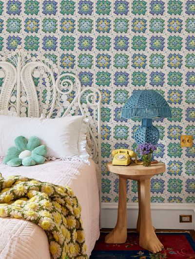 granny squares wallpaper by lingua franca green blue