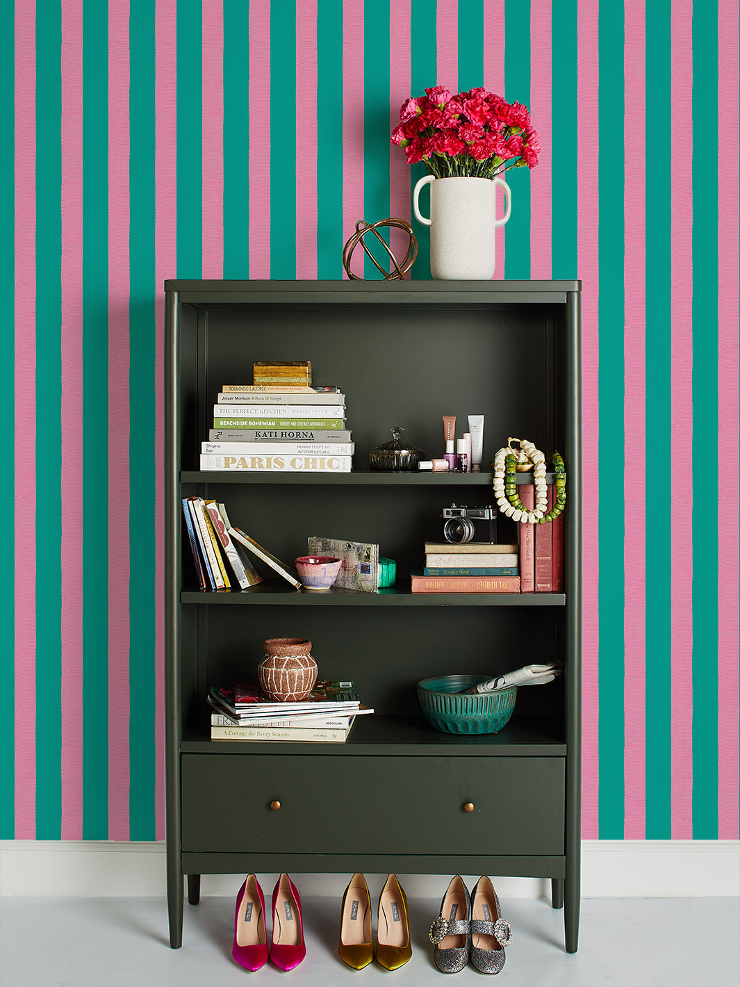 'Grosgrain Stripe' Wallpaper by Sarah Jessica Parker - Teal Blush