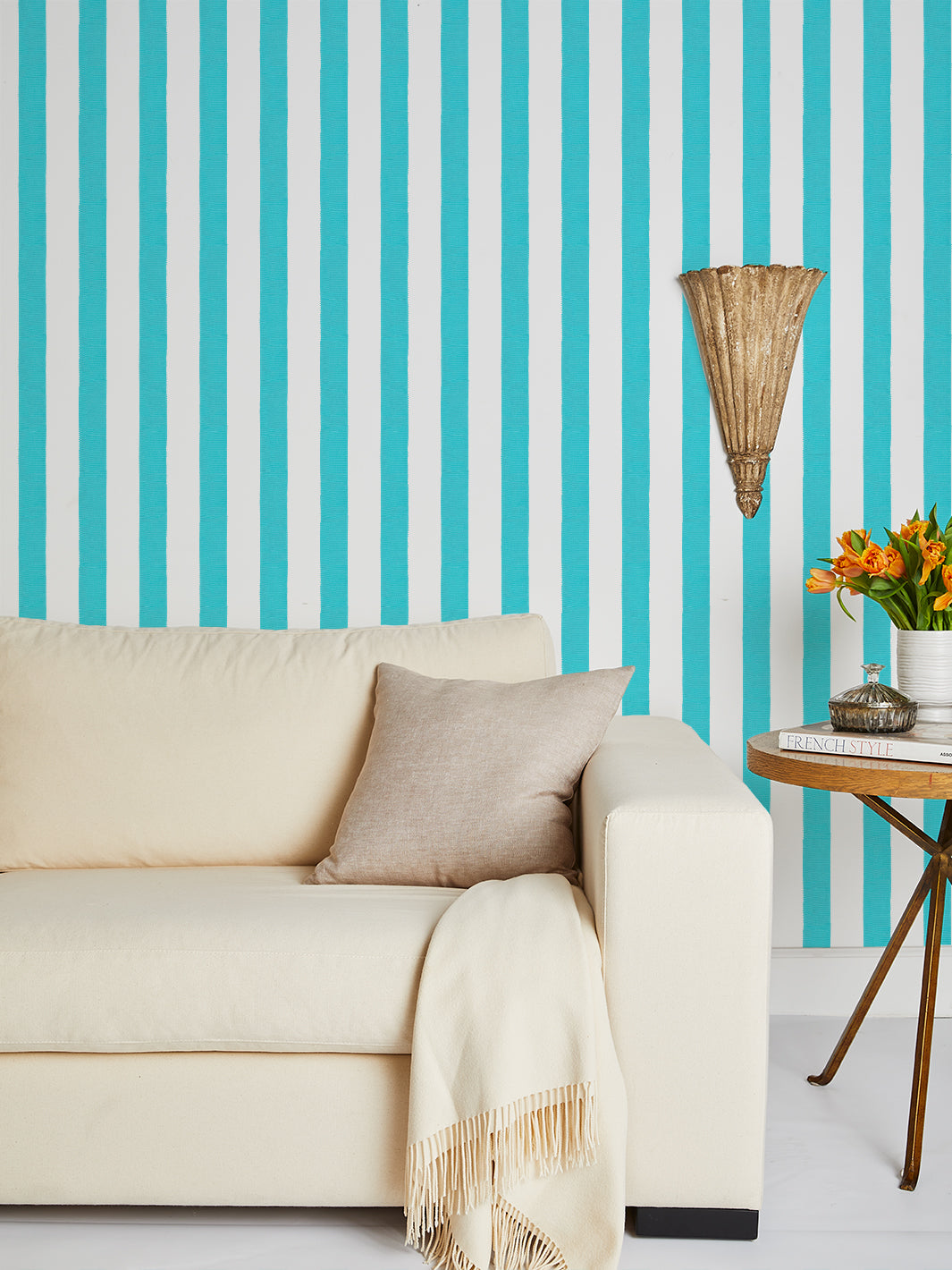 'Grosgrain Stripe on White' Wallpaper by Sarah Jessica Parker - Capri Blue