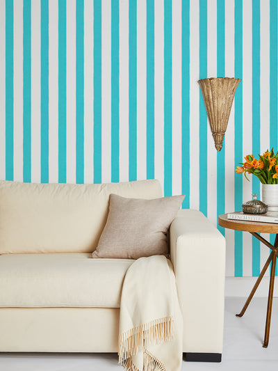 grosgrain stripe on white wallpaper by sarah jessica parker capri blue