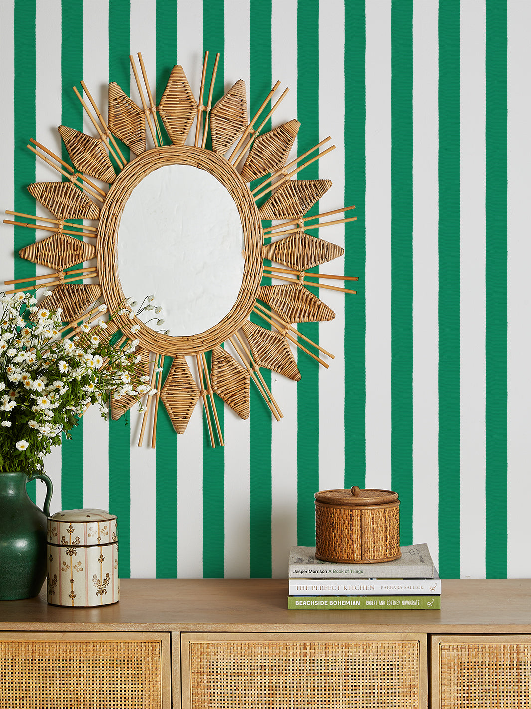 grosgrain stripe on white wallpaper by sarah jessica parker emerald