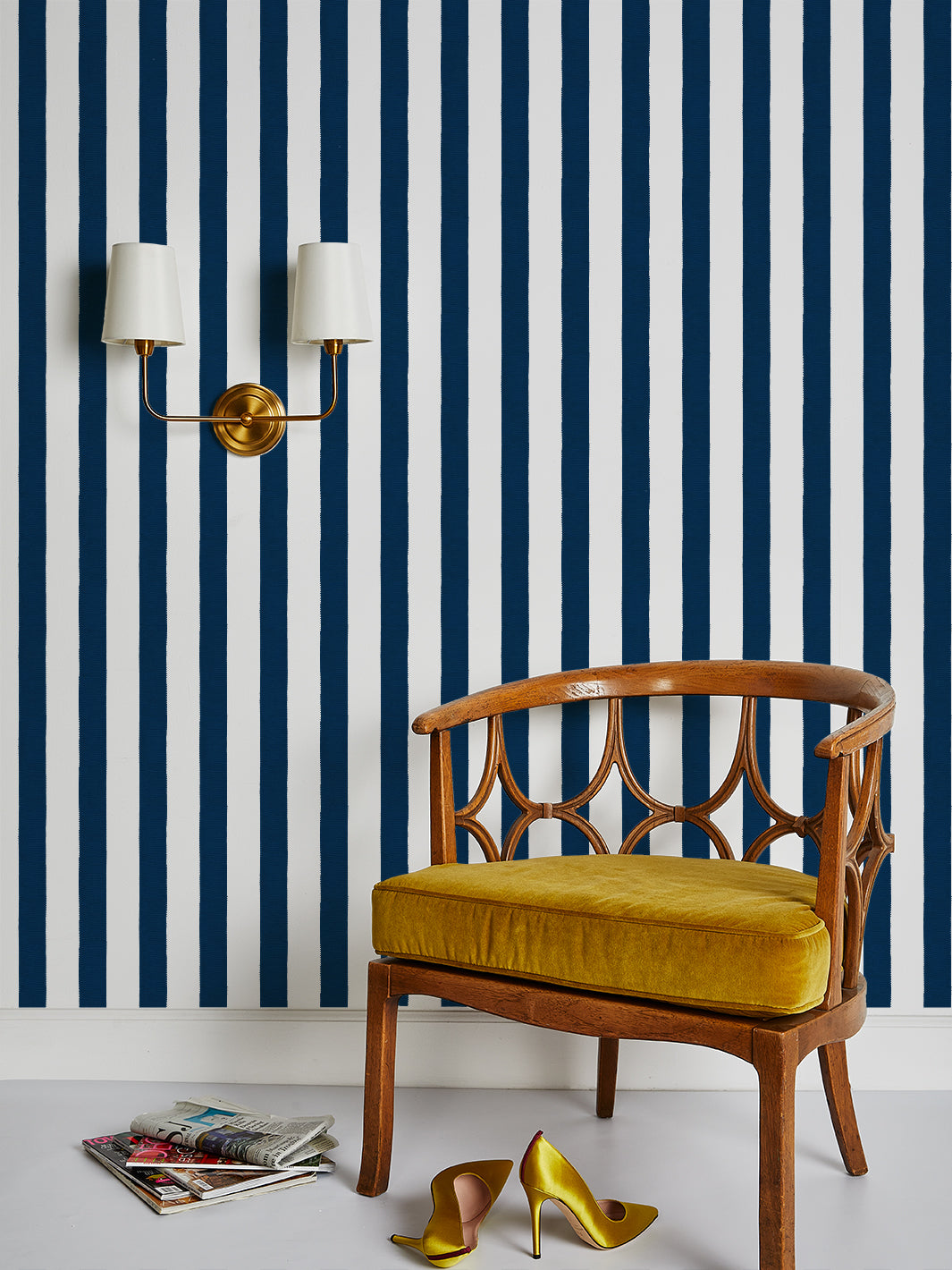 'Grosgrain Stripe on White' Wallpaper by Sarah Jessica Parker - Navy