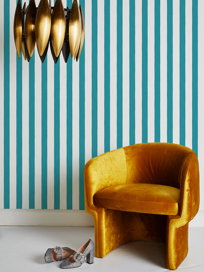 'Grosgrain Stripe on White' Wallpaper by Sarah Jessica Parker - Teal