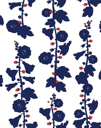 'Hollyhock' Wallpaper by Clare V. - Navy Red