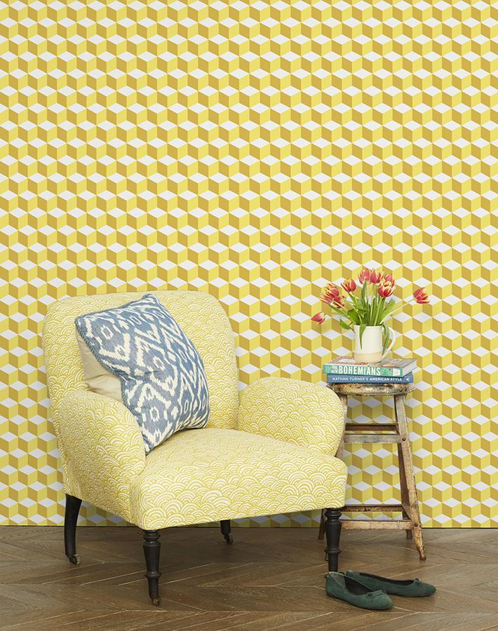 'Ice Cubist' Wallpaper by Wallshoppe - Yellow