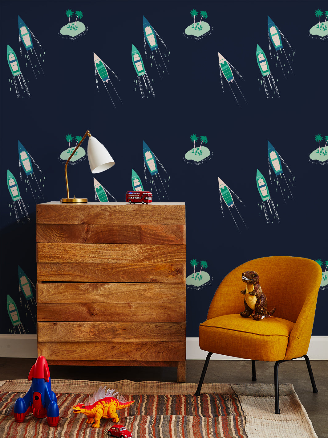'Island Boats' Wallpaper by Tea Collection - Navy