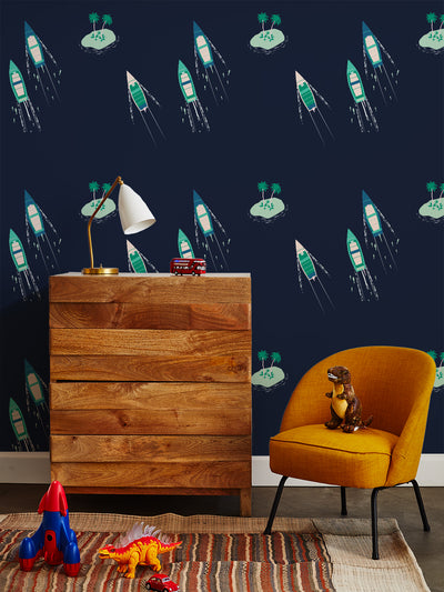 'Island Boats' Wallpaper by Tea Collection - Navy