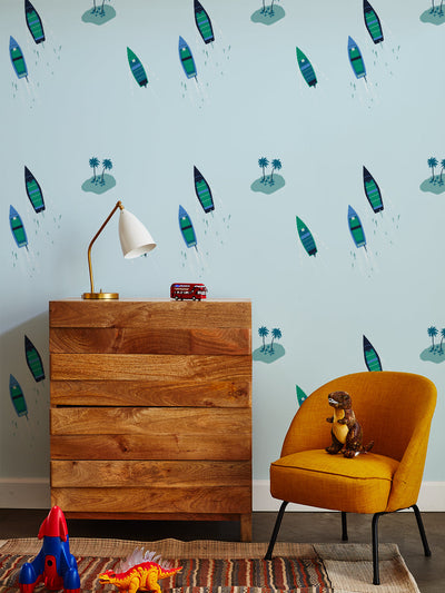 island boats wallpaper by tea collection pale blue