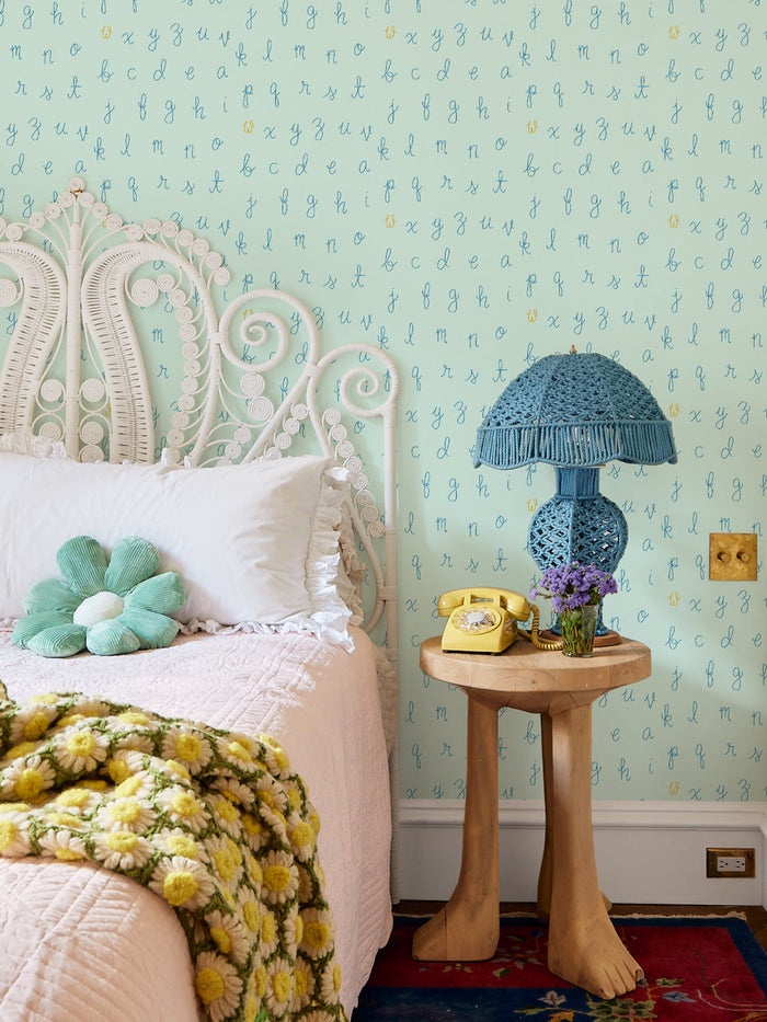 'LF Alphabet' Wallpaper by Lingua Franca - Mint with Yellow Accent Letter