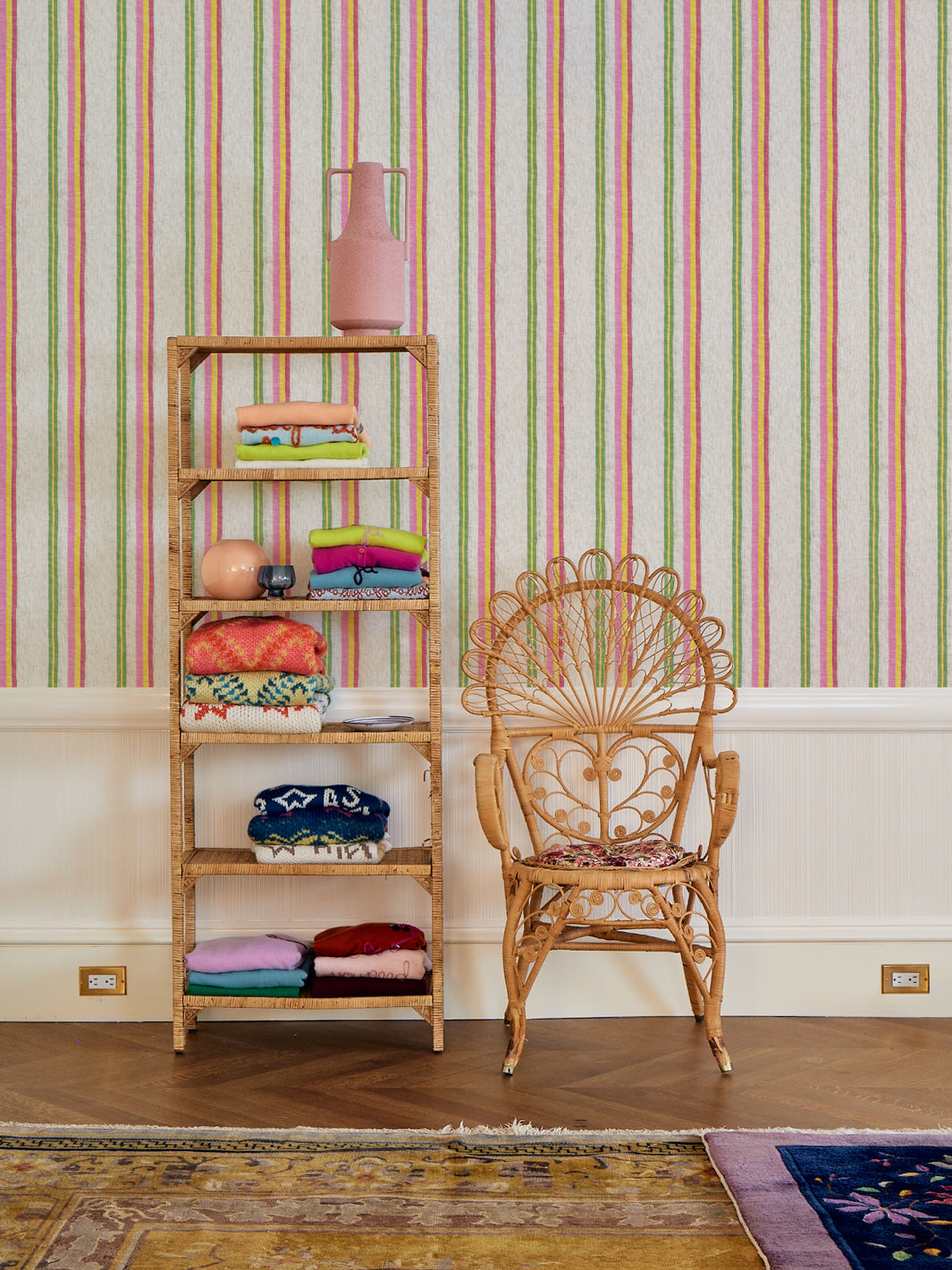 'Life is a Banquet Stripe' Wallpaper by Lingua Franca - Pink + Yellow