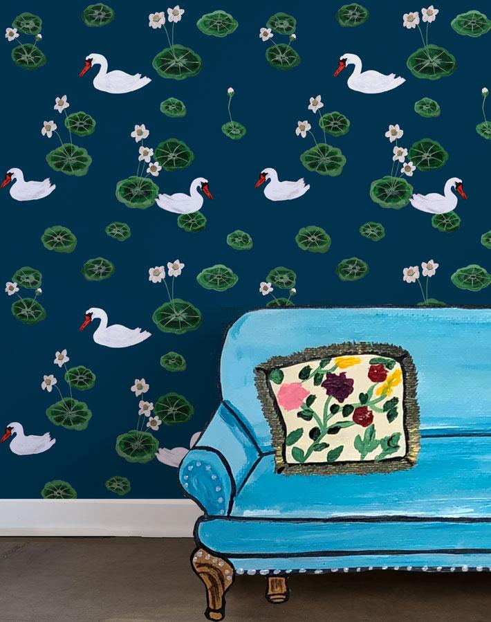 lily pad lake peacock wallpaper by carly beck