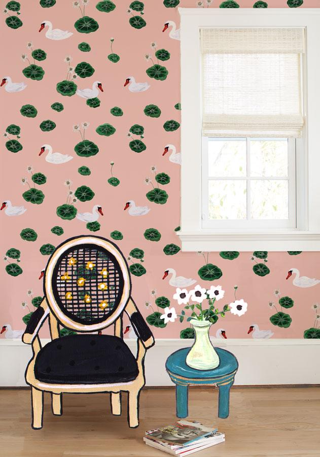 'Lily Pad Lake' Wallpaper by Carly Beck - Pink
