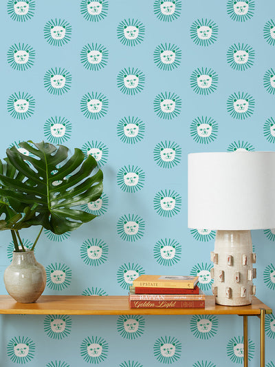 lions head wallpaper by tea collection baby blue
