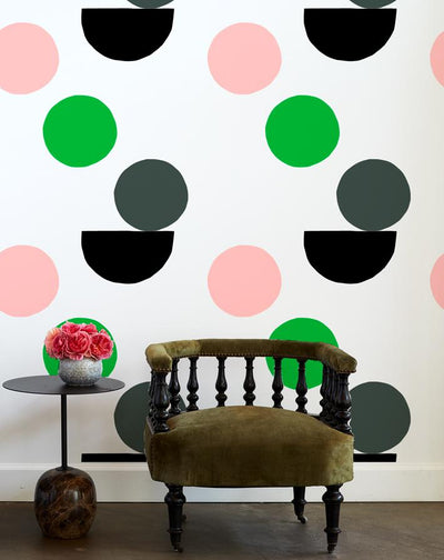 'Mid-Century Dots' Wallpaper by Clare V.- Charcoal / Pink
