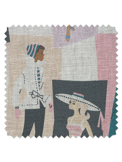 fabric by the yard mod shapes lavender peach on flax linen