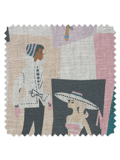 fabric by the yard mod shapes lavender peach on flax linen