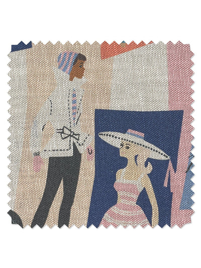 'Fabric by the Yard - Mod Shapes - Navy Pink on Flax Linen