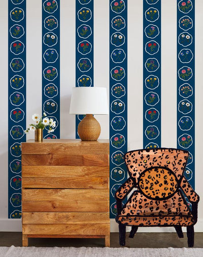montaigne stripe deep navy wallpaper by carly beck