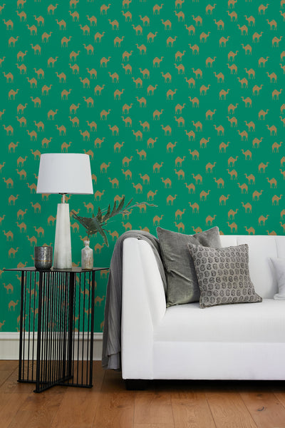 'Oasis Camels' Wallpaper by Tea Collection - Emerald