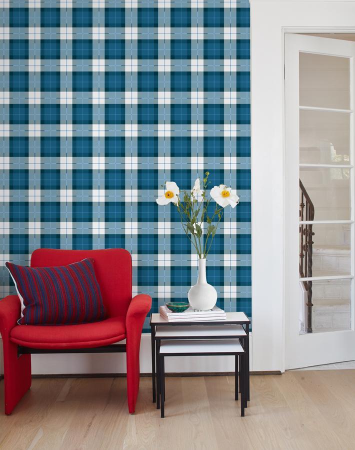 'Oban Plaid' Wallpaper by Wallshoppe - Cadet Blue