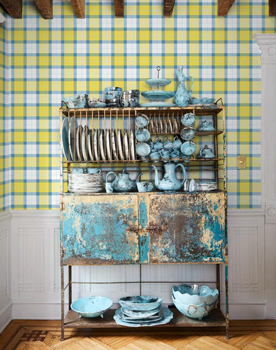 'Oban Plaid' Wallpaper by Wallshoppe - Daffodil Blue