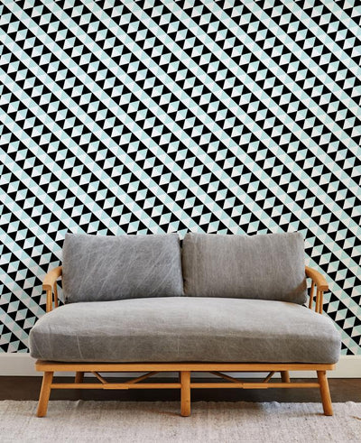 'Optic Triangle' Wallpaper by Clare V. - Baby Blue / Black