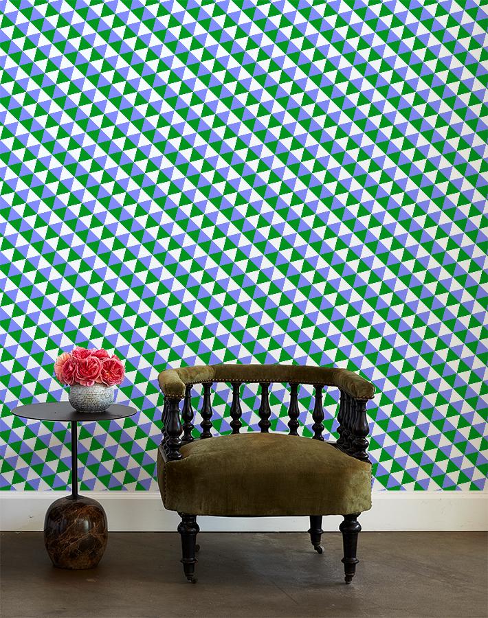 'Optic Triangle' Wallpaper by Clare V. - Bluebell / Olive