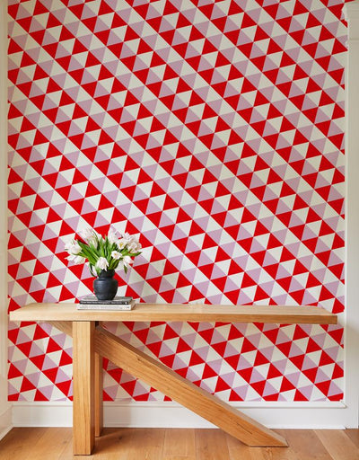 'Optic Triangle' Wallpaper by Clare V. - Red / Lilac