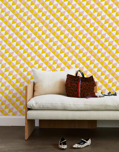 'Optic Triangle' Wallpaper by Clare V. - Marigold / Pink