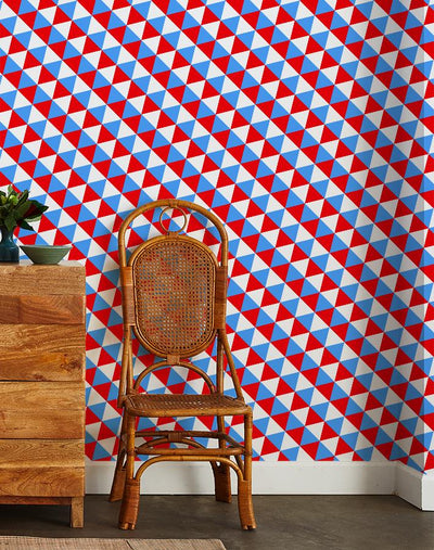 'Optic Triangle' Wallpaper by Clare V. - Cyan / Red