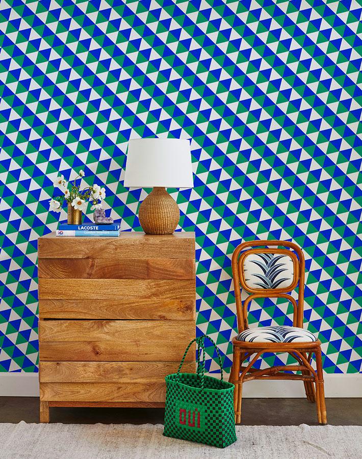 'Optic Triangle' Wallpaper by Clare V. - Green / Blue