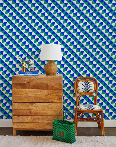 'Optic Triangle' Wallpaper by Clare V. - Green / Blue