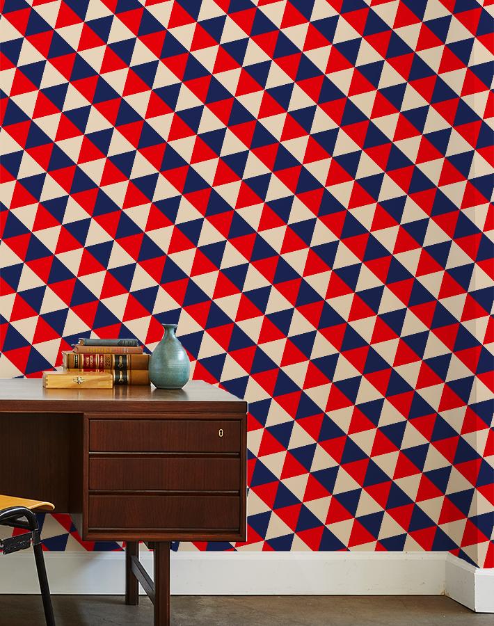 'Optic Triangle' Wallpaper by Clare V. - Navy / Peach