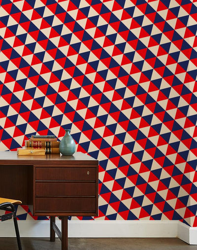 'Optic Triangle' Wallpaper by Clare V. - Navy / Peach