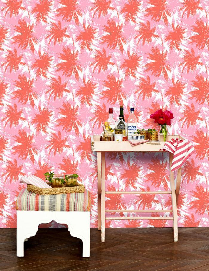 'Palm Shuffle' Wallpaper by Wallshoppe - Watermelon / Bubble Gum