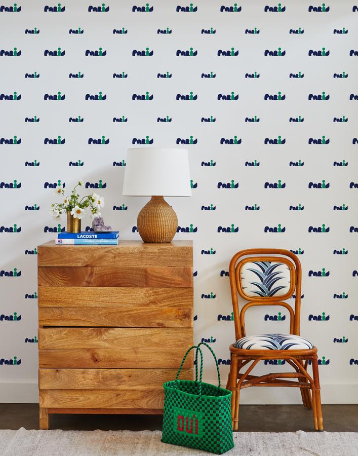 'Paris Graphic' Wallpaper by Clare V. - Navy / Green