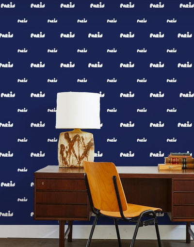 paris graphic wallpaper white on navy