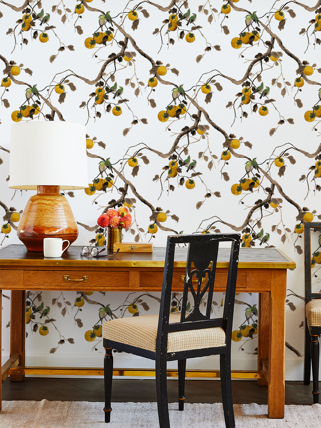 'Persimmon Birds' Wallpaper by Nathan Turner - Mustard