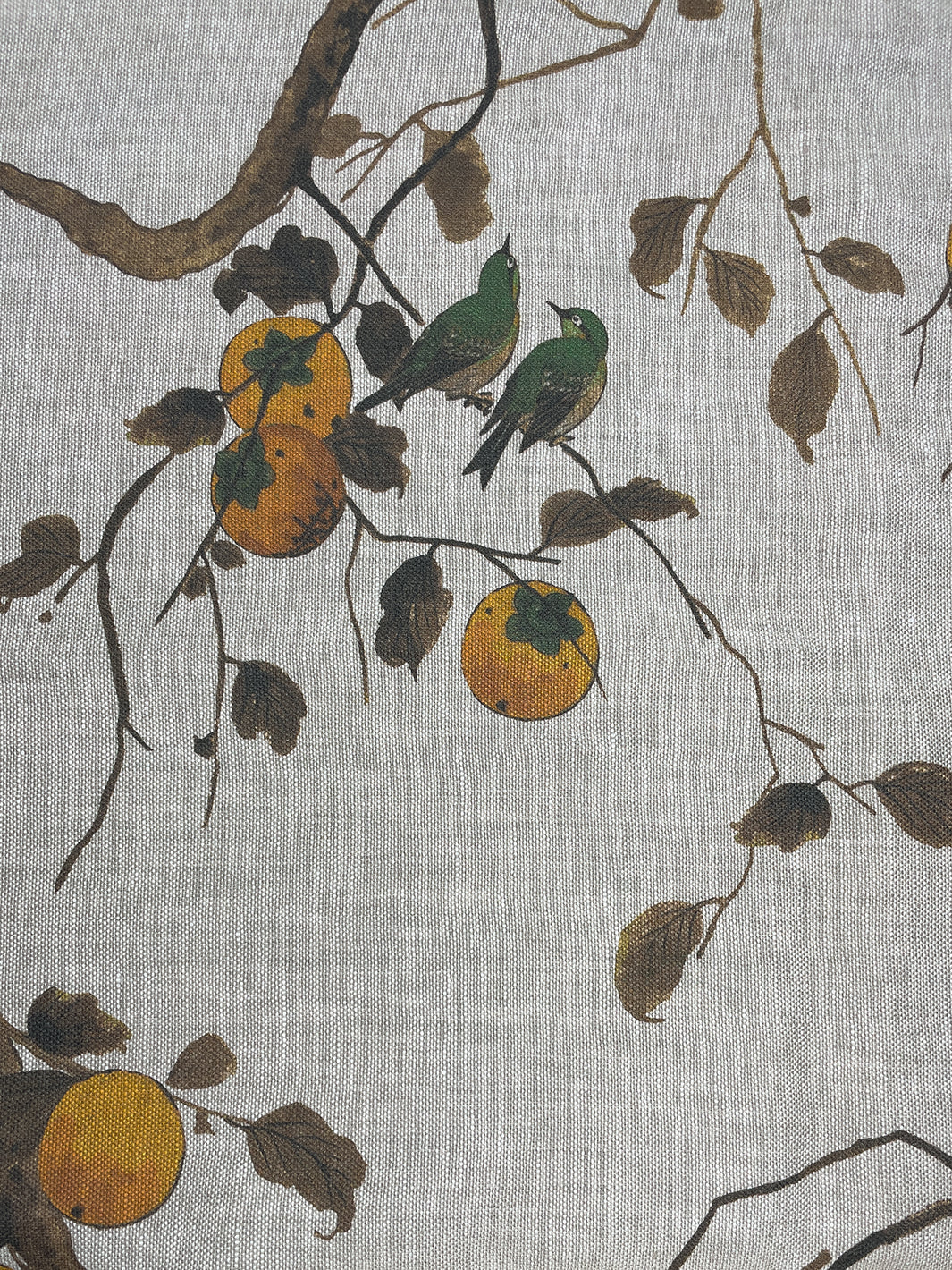 fabric by the yard persimmon birds mustard on flax linen