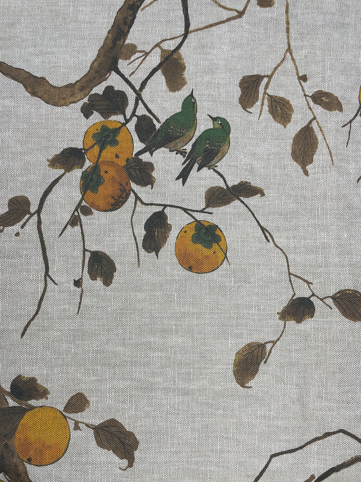 fabric by the yard persimmon birds mustard on flax linen